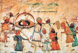 Painting depicting the execution of Guru Tegh Bahadur in Chandni Chowk, Delhi.
